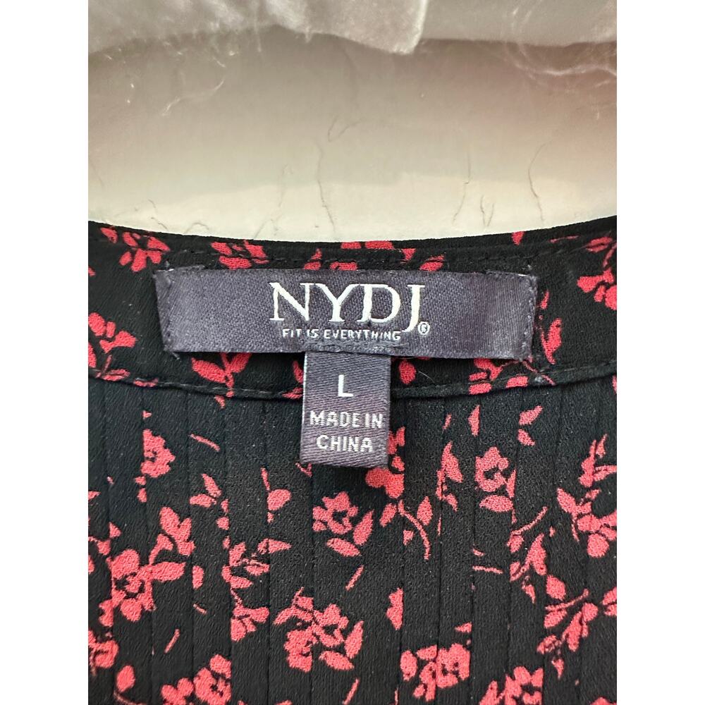 NYDJ Black Red Floral Split Neck Blouse 3/4 Sleeve Pleated Top Office Large - Picture 6 of 7